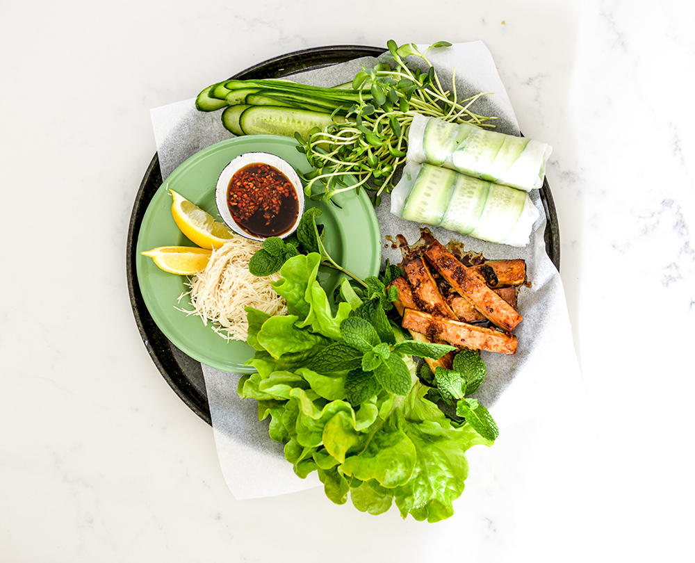 Vietnamese Fresh Rice Paper Rolls with Salty Sweet Glazed Tofu